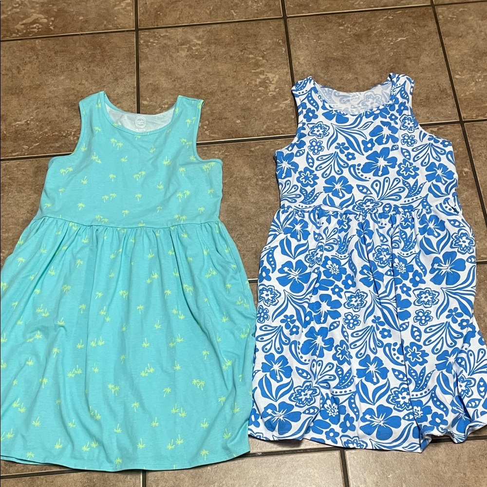 Girls' Sleeveless Aqua Palm & Blue Floral Summer Dresses 14/16